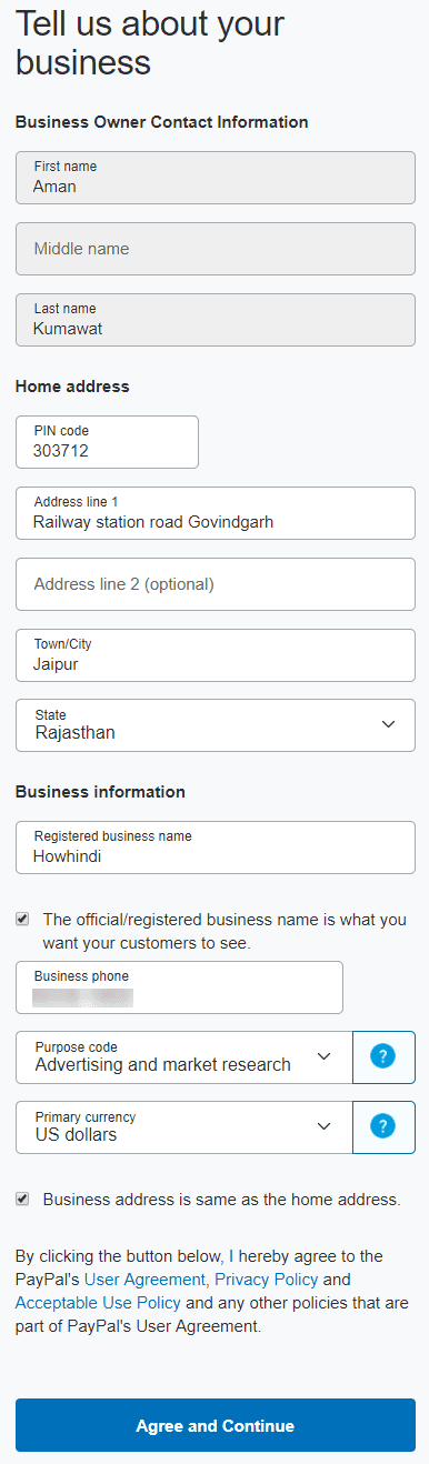 PayPal Upgrade to Business Account details