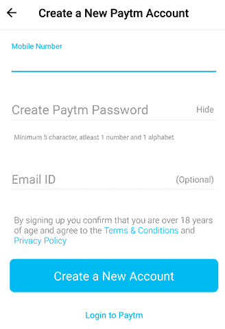 Paytm Account Sign Up create account