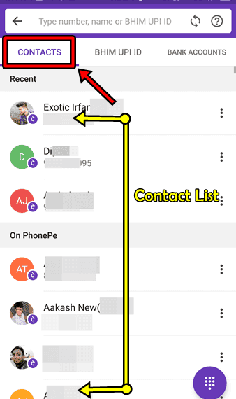 PhonePe Se Paise Transfer Contact List