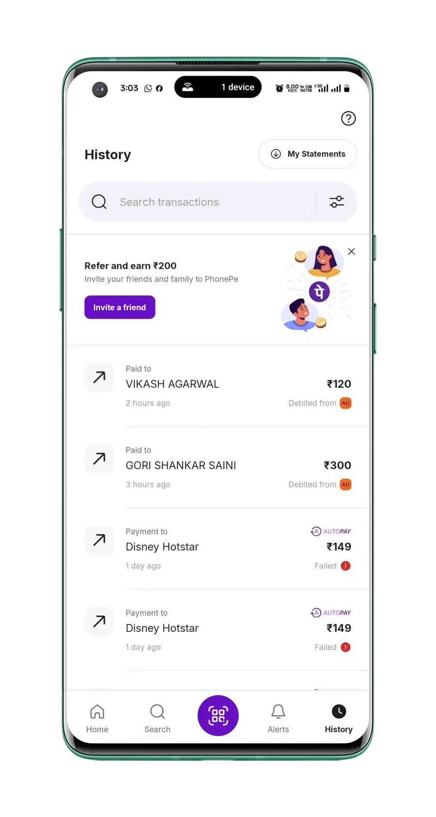PhonePe history screen showing failed and pending transactions list