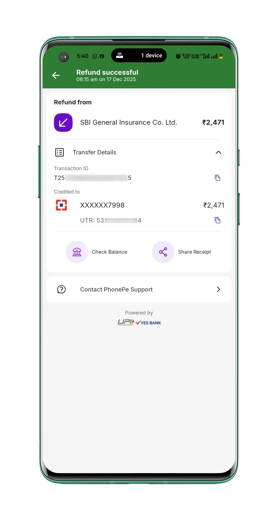 PhonePe refund successful screenshot showing amount credited